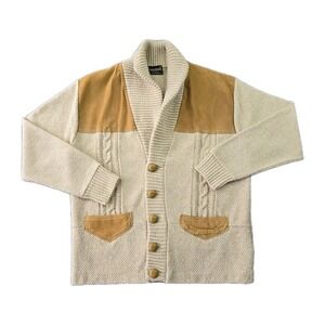Vintage Challenger Fleck Knit Cardigan with Suede Yoke & Pockets – Shawl Collar
